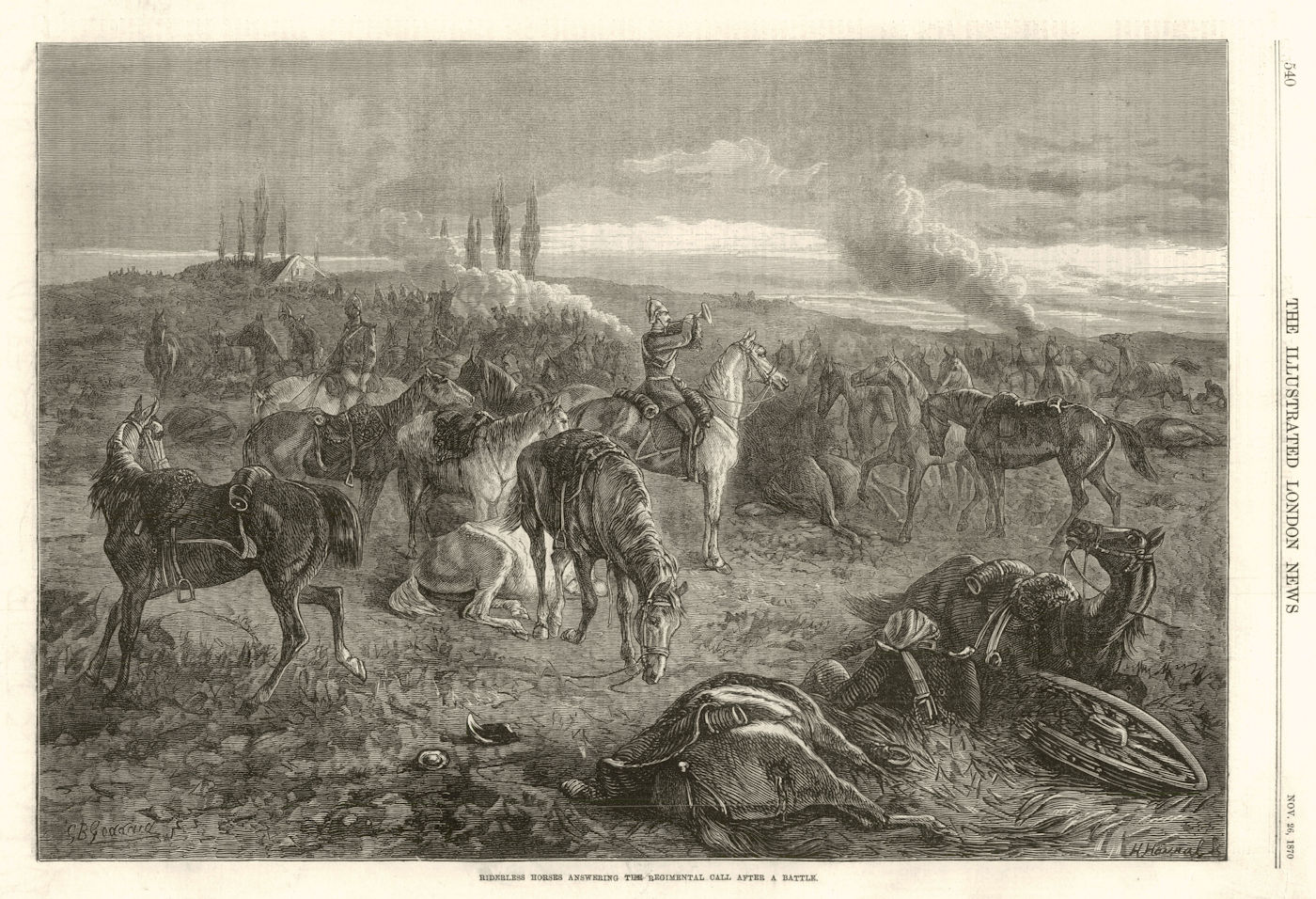 Riderless horses answer Regimental call after battle. Franco-Prussian War 1870
