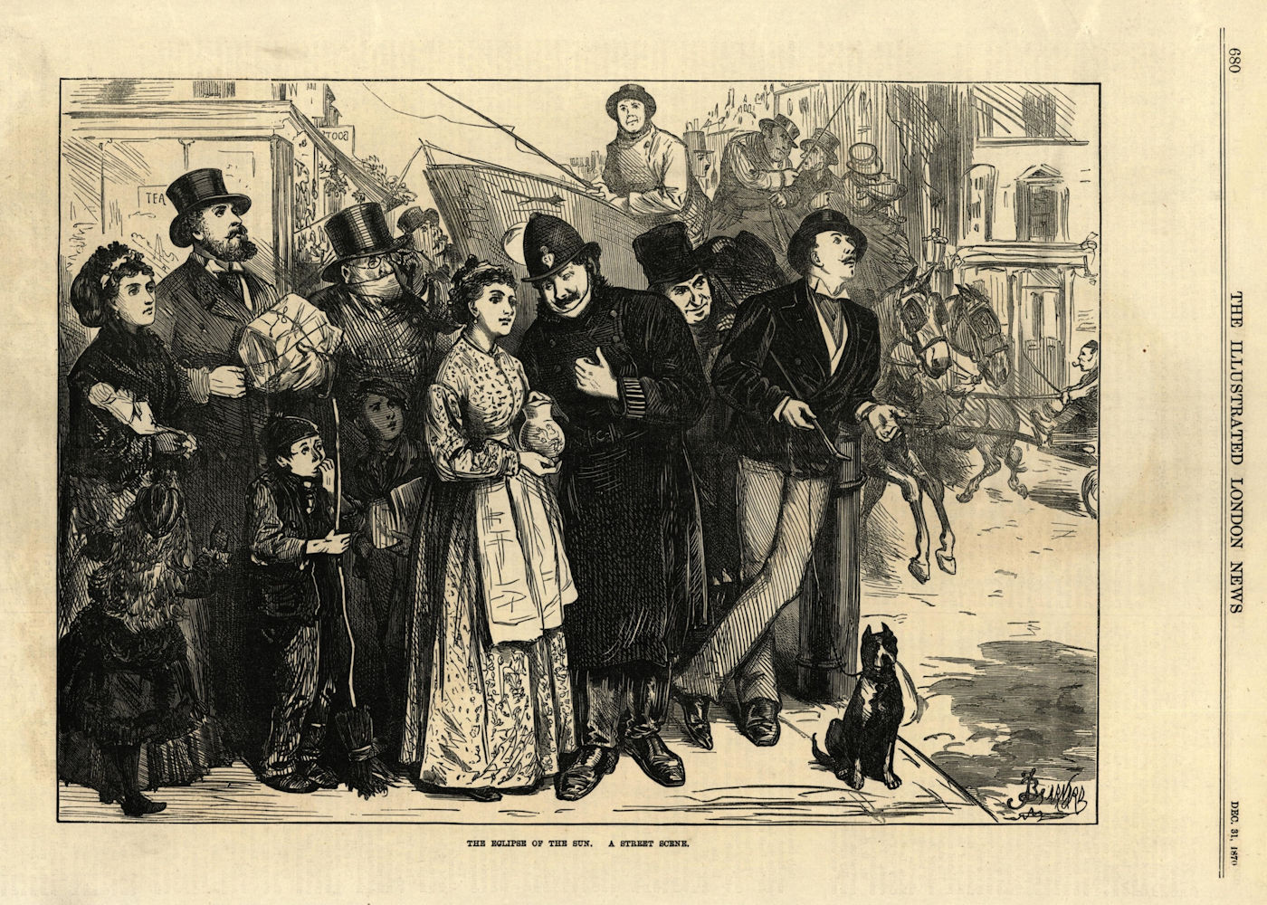 The eclipse of the sun: a street scene. Society. Astronomy 1870 old print