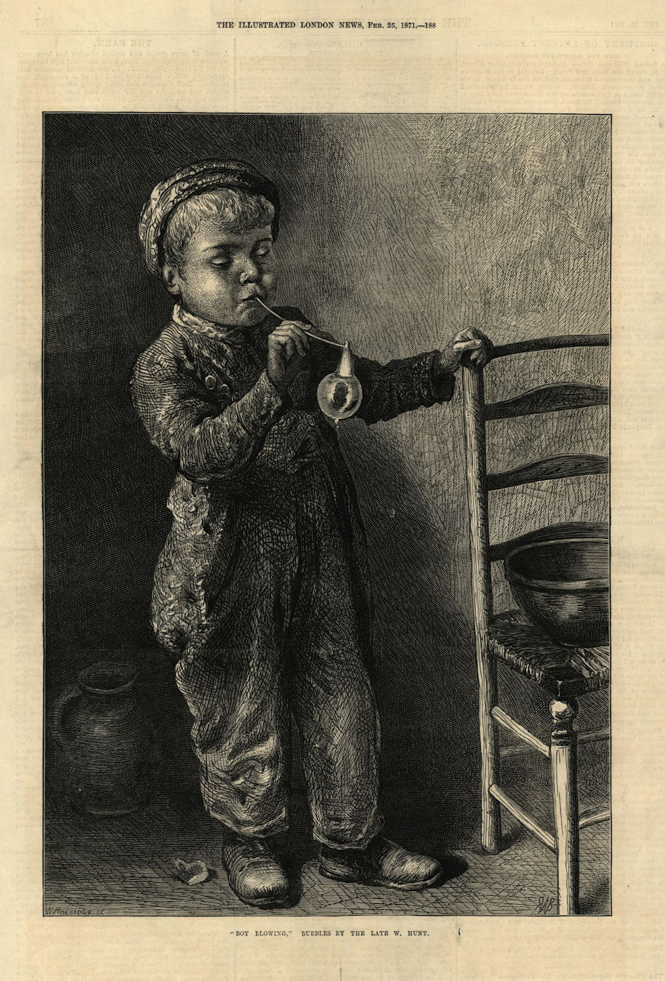 "Boy blowing bubbles", by the late W. Hunt. Children. Hunting 1871 old print