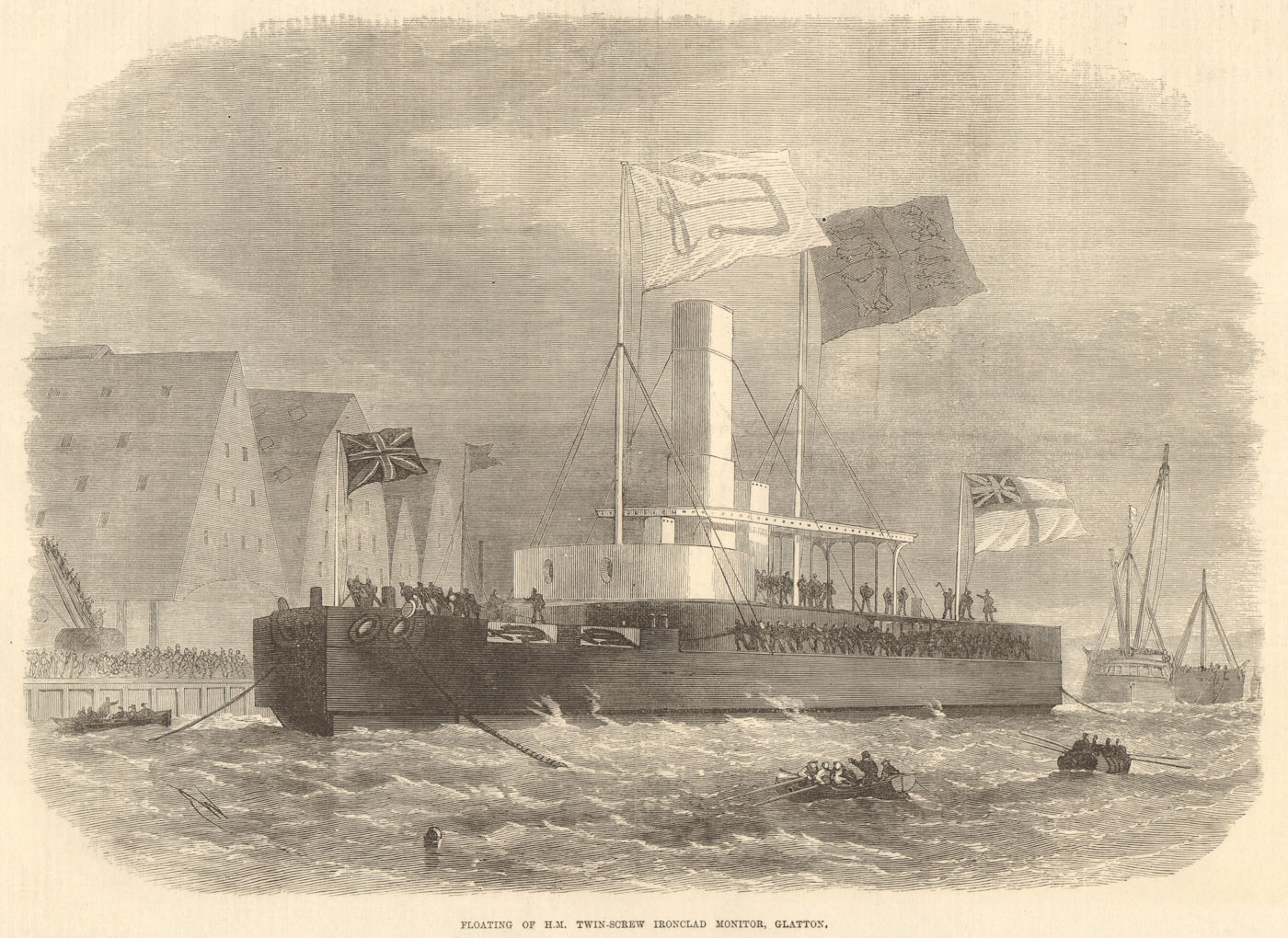 Floating of H. M. twin-screw iron-clad monitor, Glatton. Chatham. Ships 1871