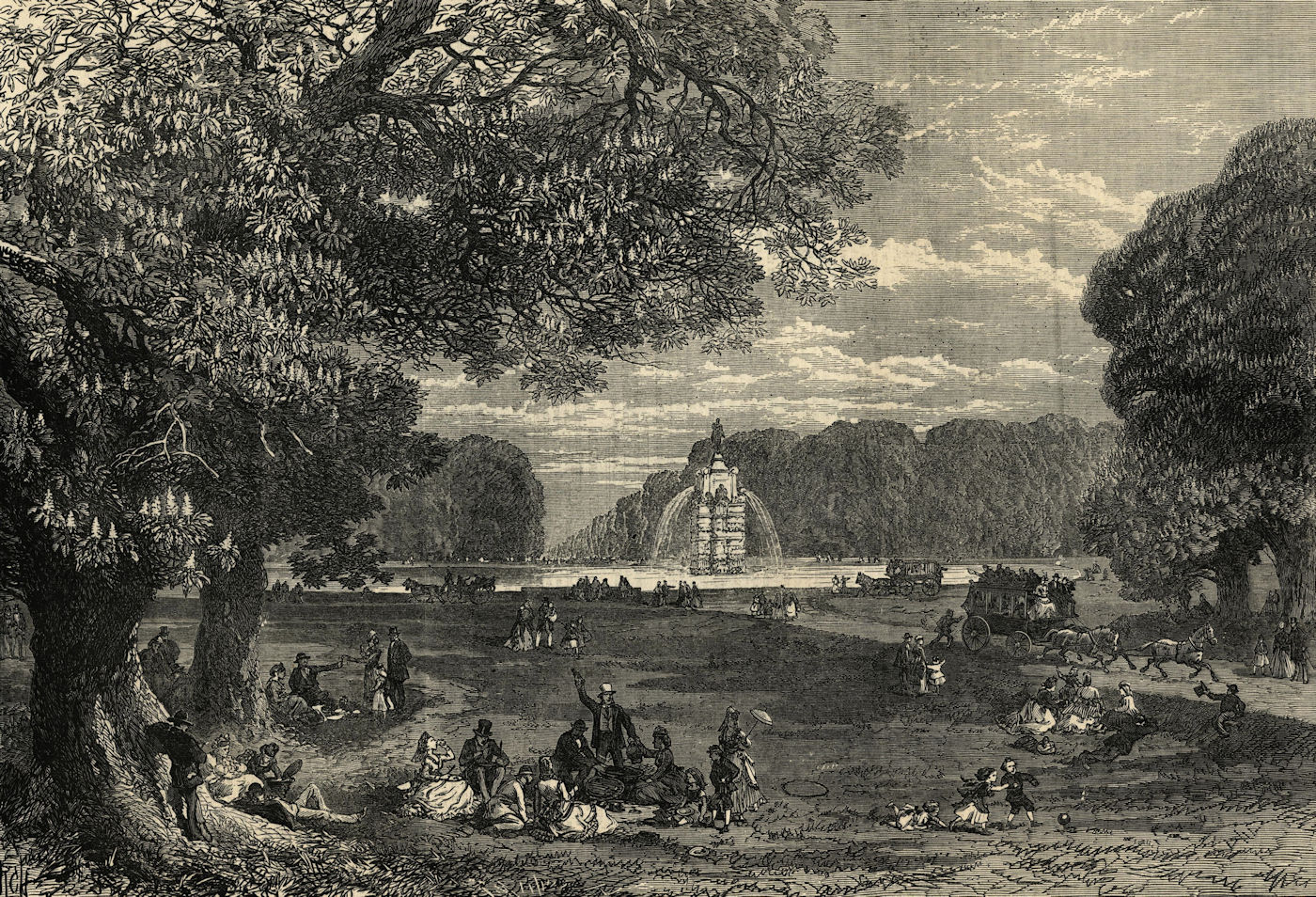 The Chestnut trees In Bushy Park. London 1871 antique ILN full page print