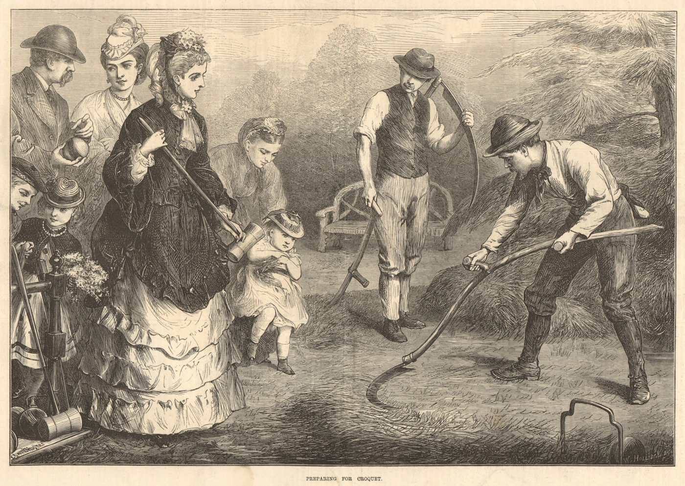 Associate Product Preparing for croquet. Family. Sports. Scything the lawn 1871 old print