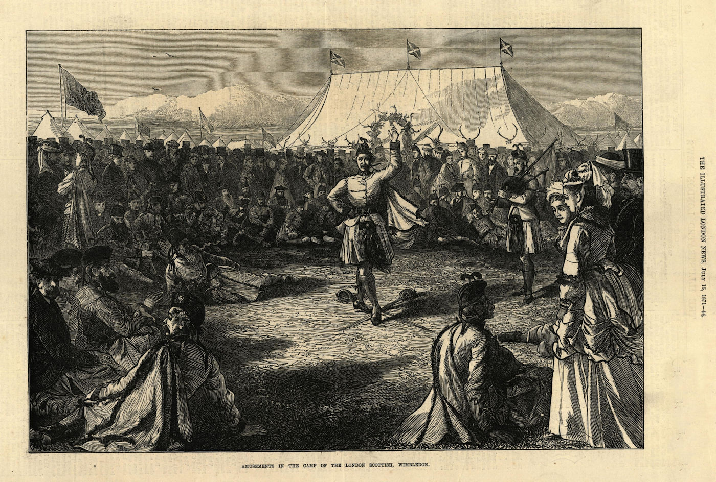 Amusements in the camp of the London Scottish, Wimbledon. Dance 1871 old print