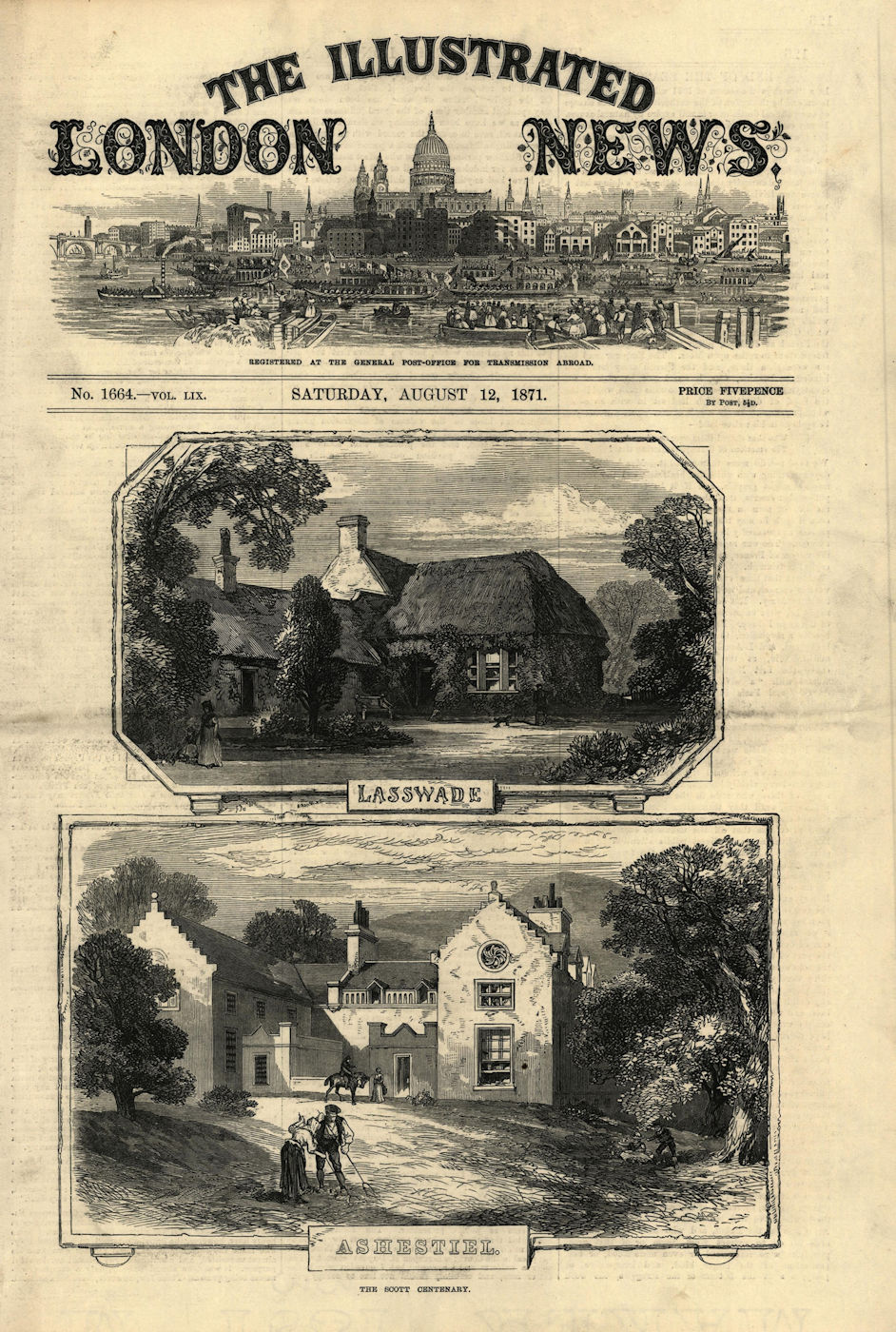 Associate Product Lasswade. Ashestiel. The Scott Centenary. Scotland. Buildings 1871 old print