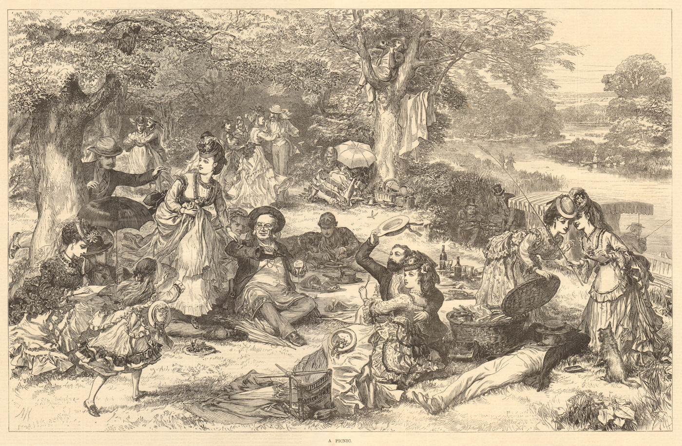 Associate Product A picnic. Society. Food. Children playing 1871 antique ILN full page print