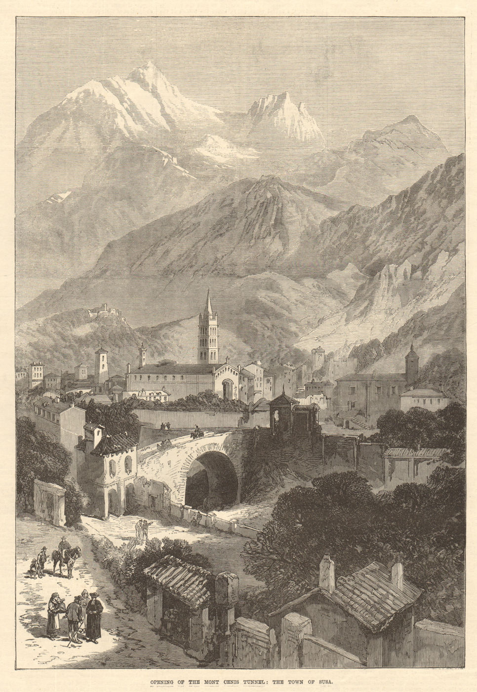 Associate Product Opening of the Mont Cenis Tunnel: the town of Susa. Italy 1871 ILN full page
