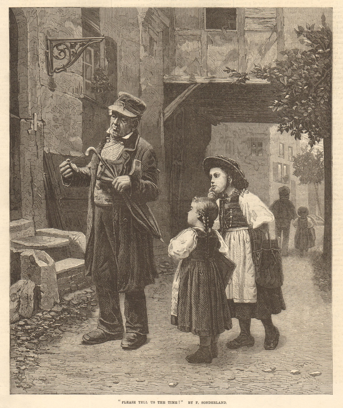 "Please tell us the time", by F. Sonderland. Children. Children 1871 old print