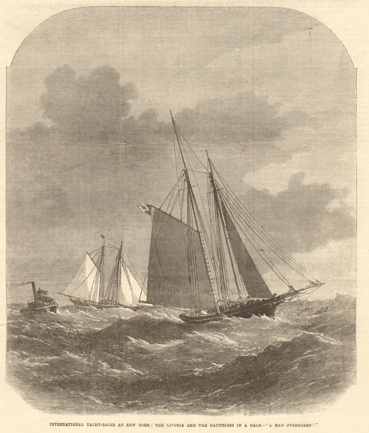 Americas Cup yacht races at New York. Livonia & Dauntless. Man overboard 1871