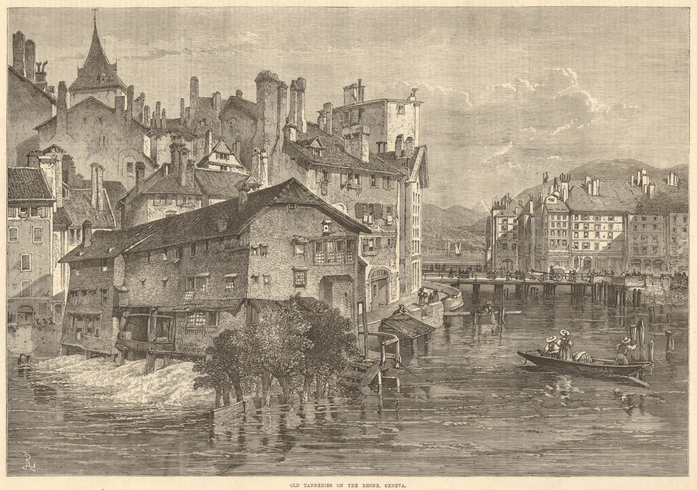 Old tanneries on the Rhone, Geneva. Switzerland. Leather 1871 antique ILN page
