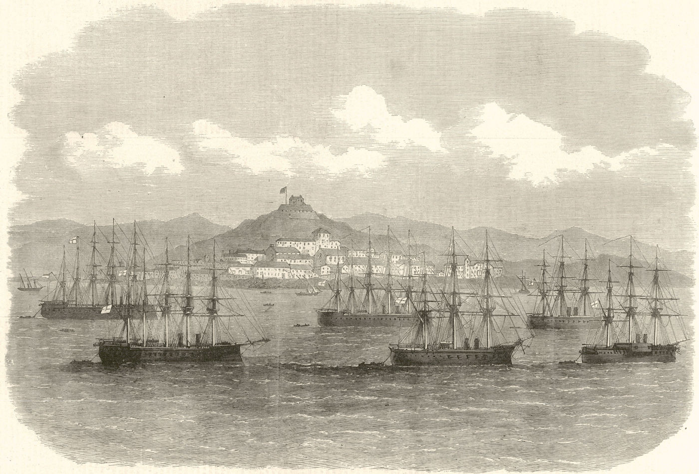 The Channel Squadron in Vigo Bay, Spain. Royal Navy 1872 antique ILN full page