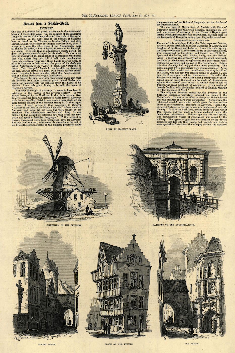 Antwerp. Pump Market-Place Windmill Gateway Street houses prison 1872 print