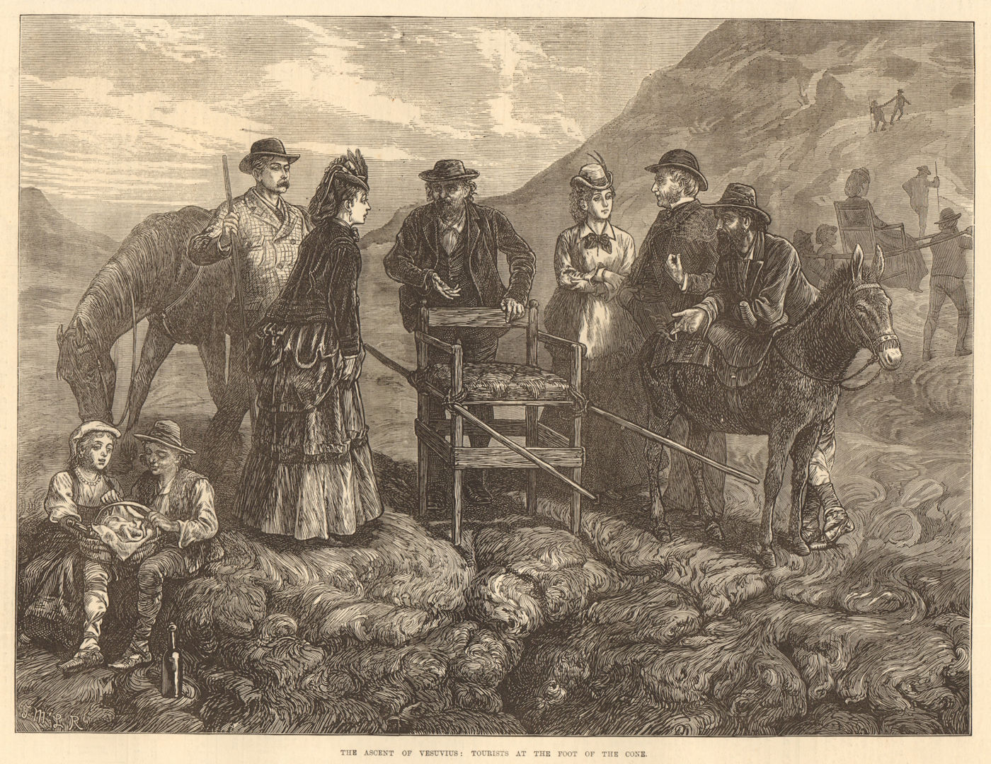 The ascent of Vesuvius: tourists at the foot of the cone. Italy. Volcanoes 1872