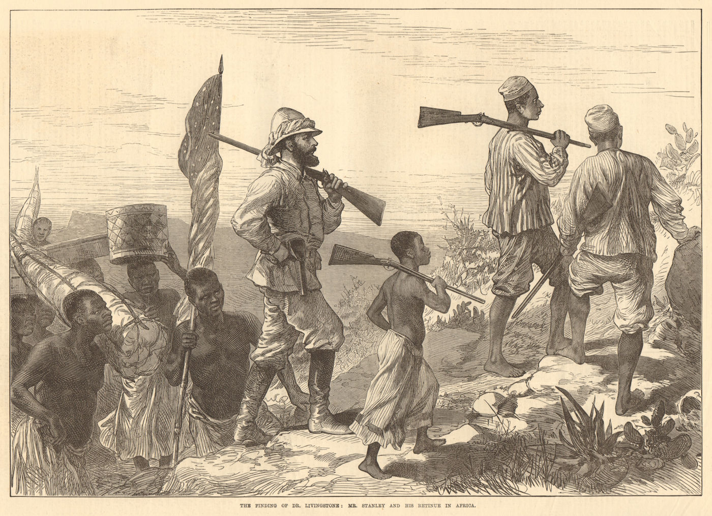 Finding Dr. Livingstone: Mr Stanley & his retinue. Africa Explorers 1872 print