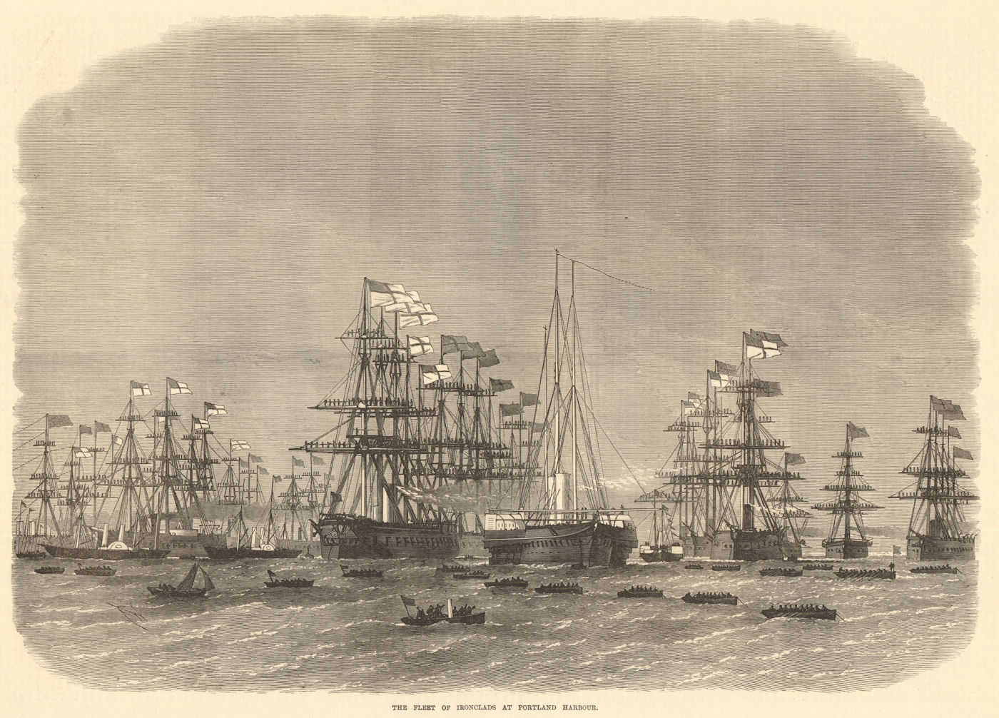 The fleet of ironclads at Portland Harbour. Dorset. Ships 1872 old print