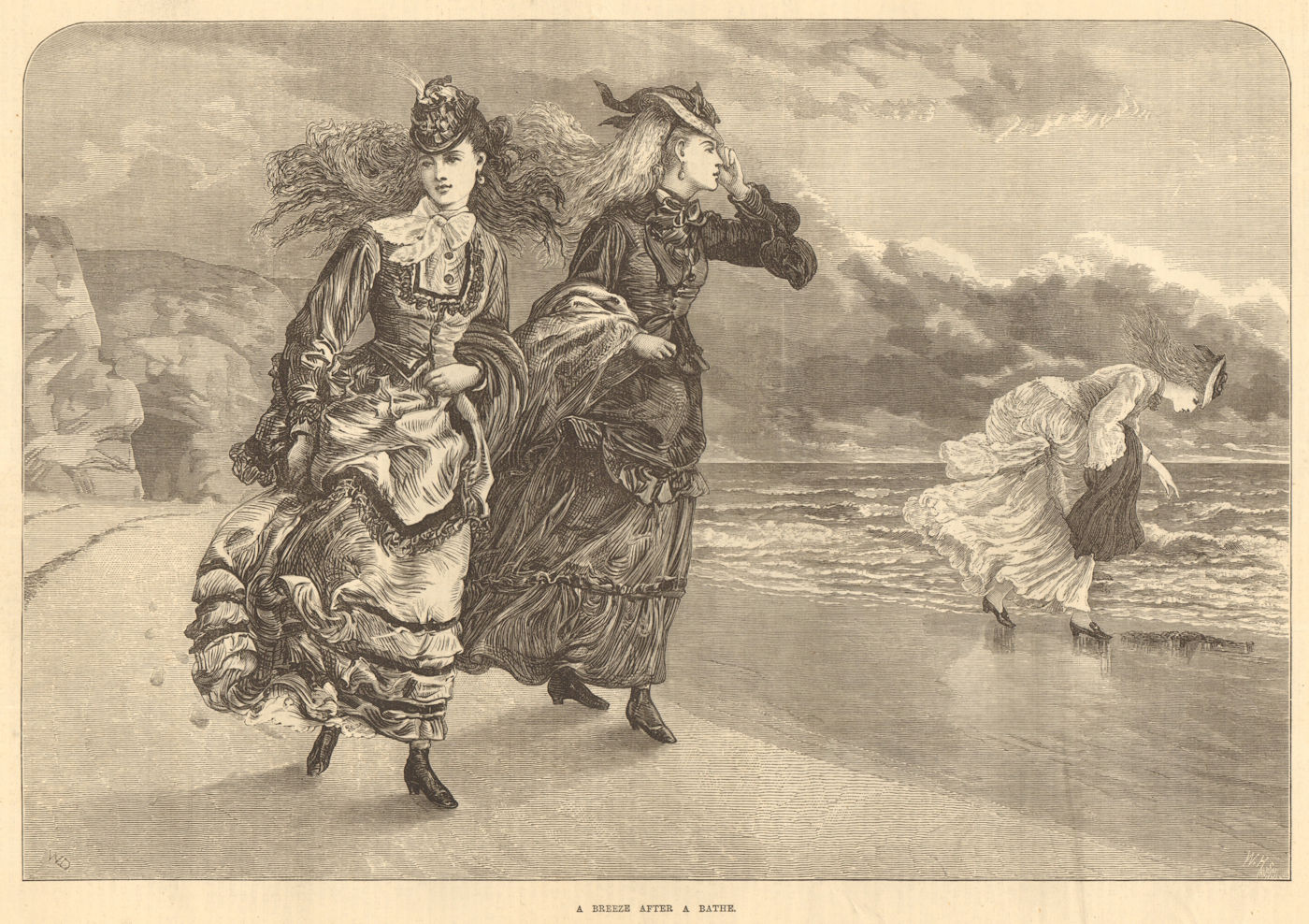 A breeze after a bathe. Ladies on the beach 1872 old antique print picture