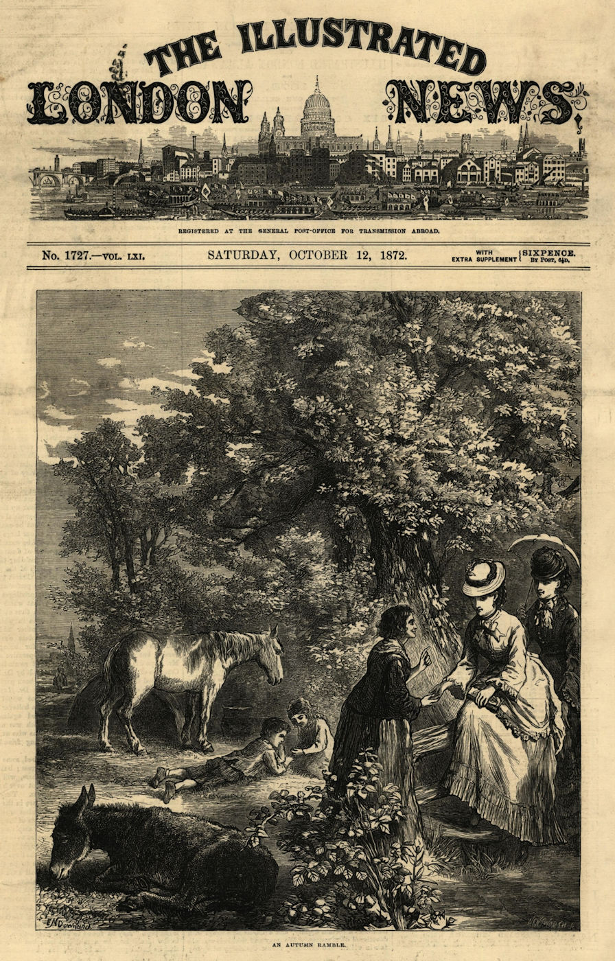 An autumn ramble. Family. Climbing a style. Horse children 1872 old print