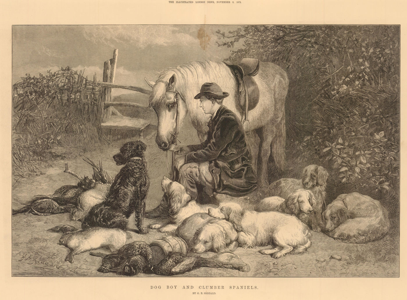 Dog boy & Clumber Spaniels by GB Goddard. Horse Hunting Rabbits Pheasants 1872