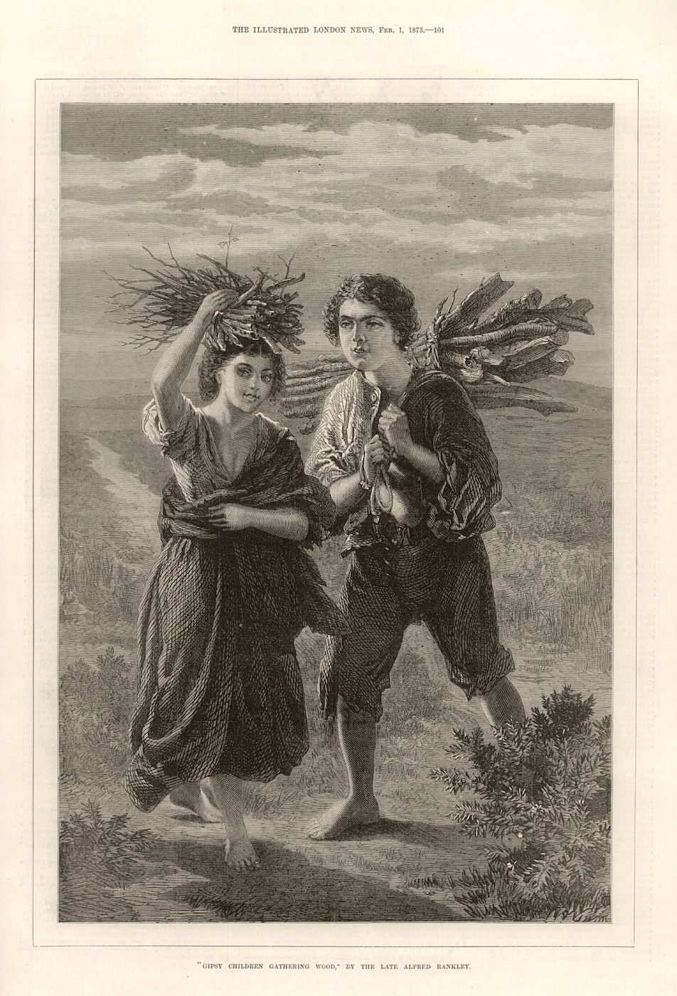" Gipsy children gathering wood, " by Alfred Rankley. Gypsy. Kindling 1873