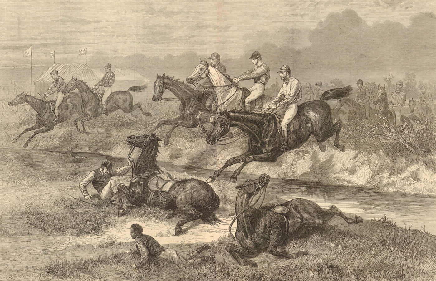 A Steeplechase. Horses & jockeys fallen at a fence 1873 antique ILN full page