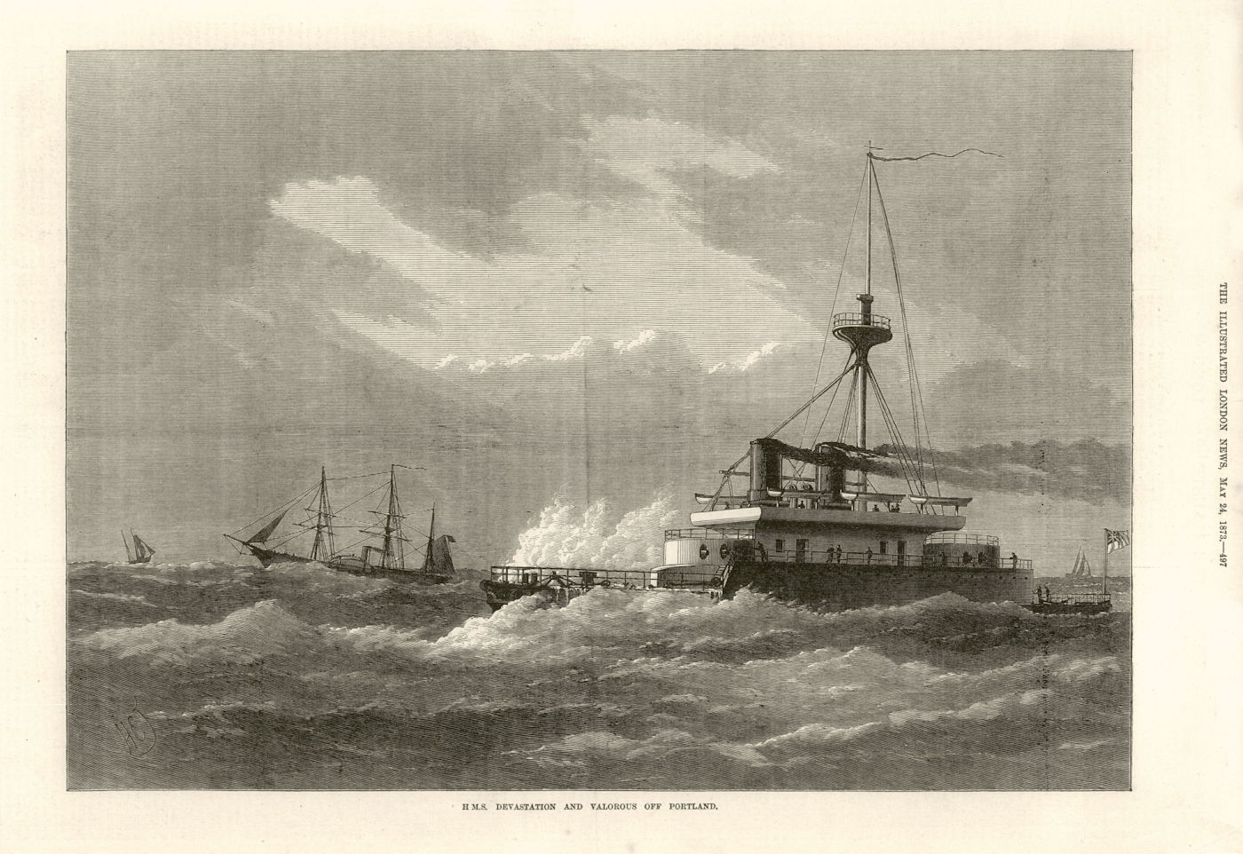H. M. S Devastation & Valorous off Portland. Dorset 1873 old antique print