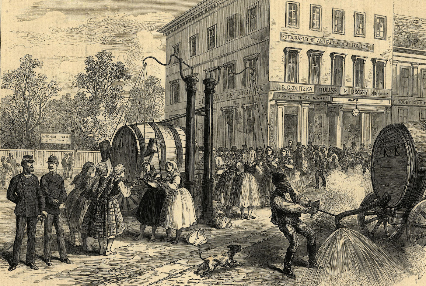Associate Product Sketches in Vienna: watering the street. Austria 1873 antique ILN full page