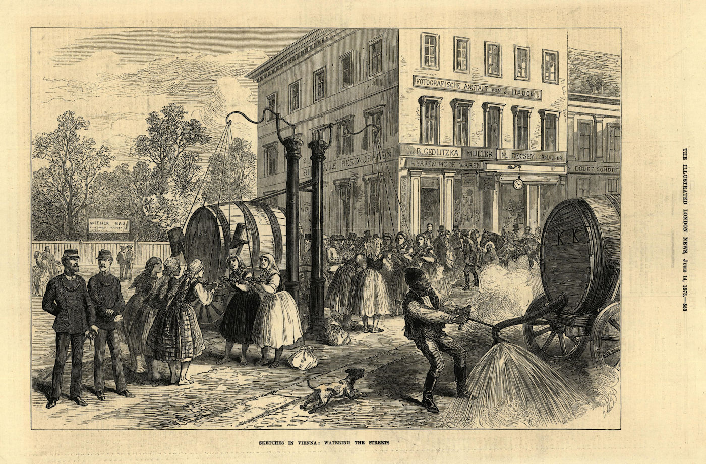 Sketches in Vienna: watering the street. Austria 1873 old antique print