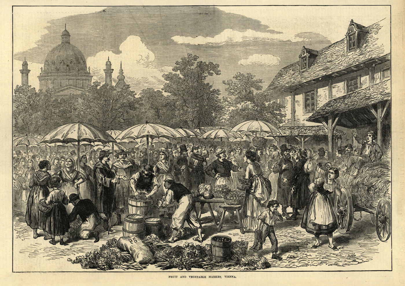 Fruit & vegetable market, Vienna. Austria 1873 old antique print picture