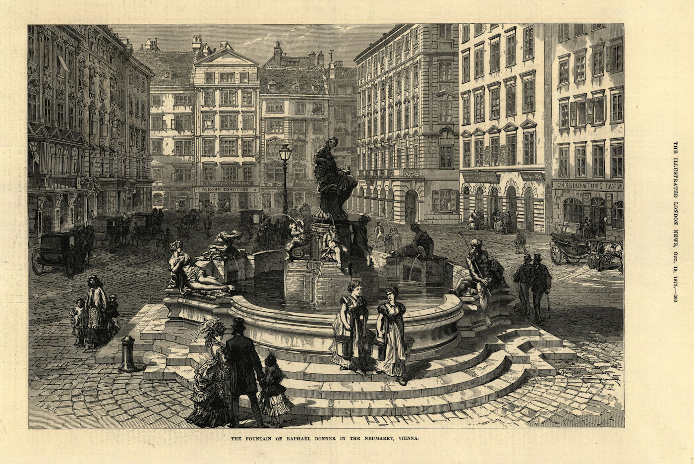The fountain of Raphael Donner in the Neumarkt, Vienna. Austria 1873 old print
