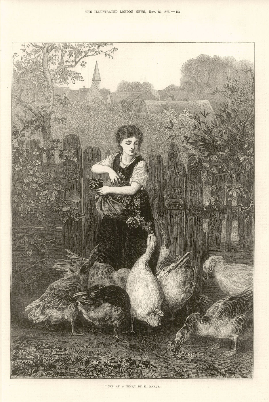 " One at a Time ", by E Knaus. Feeding geese. Farming 1873 old antique print