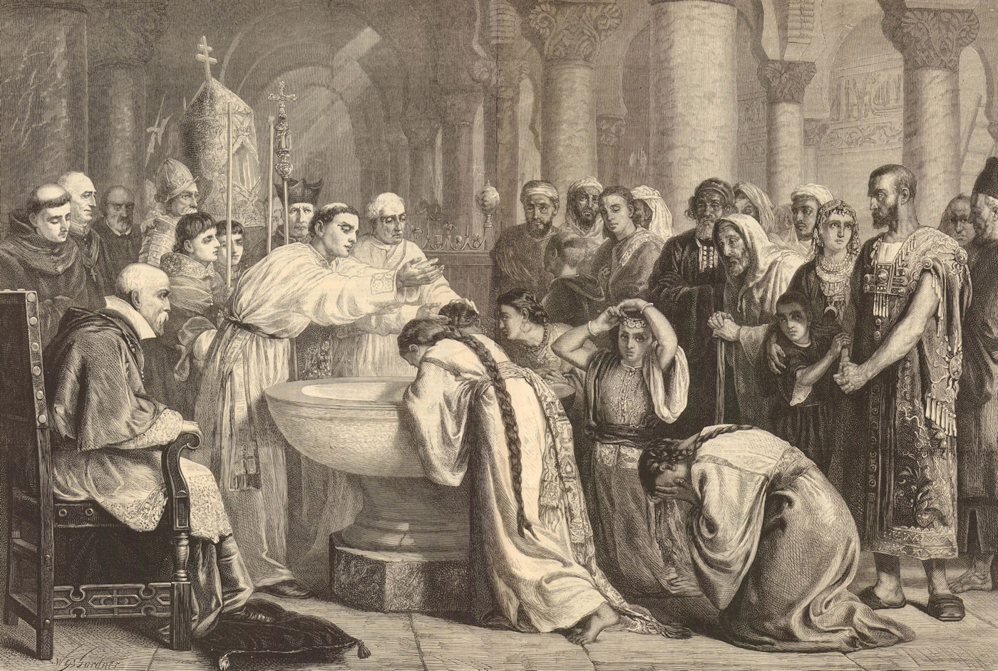 Compulsory baptism of the Moors after the conquest of Granada. Edwin Long 1873
