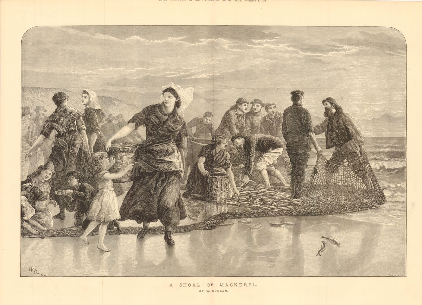 A Shoal of Mackerel, by W Duncan. Fishermen. Catch 1873 old antique print
