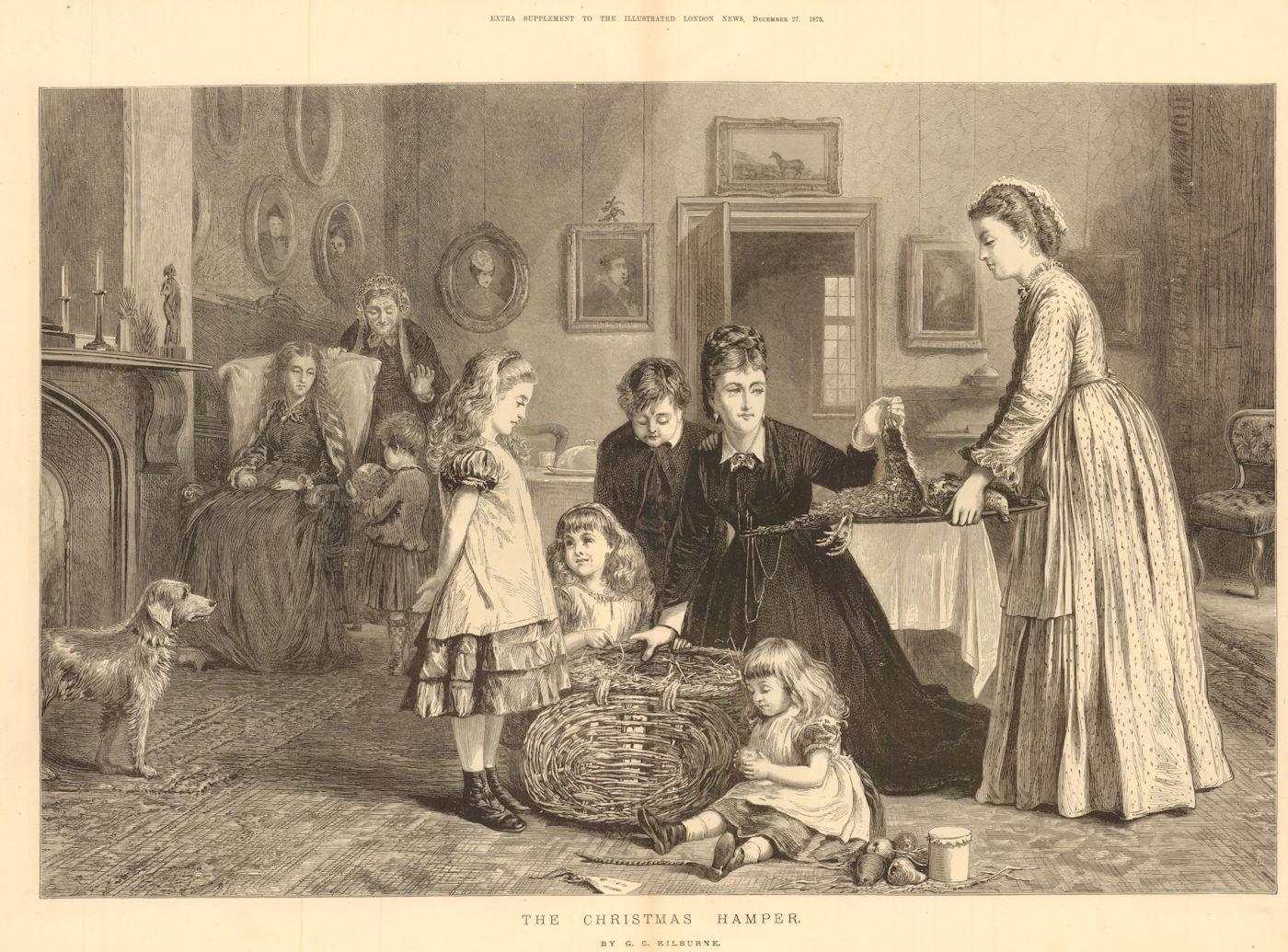 The Christmas Hamper, by GG Kilburne. Family children food 1873 old print