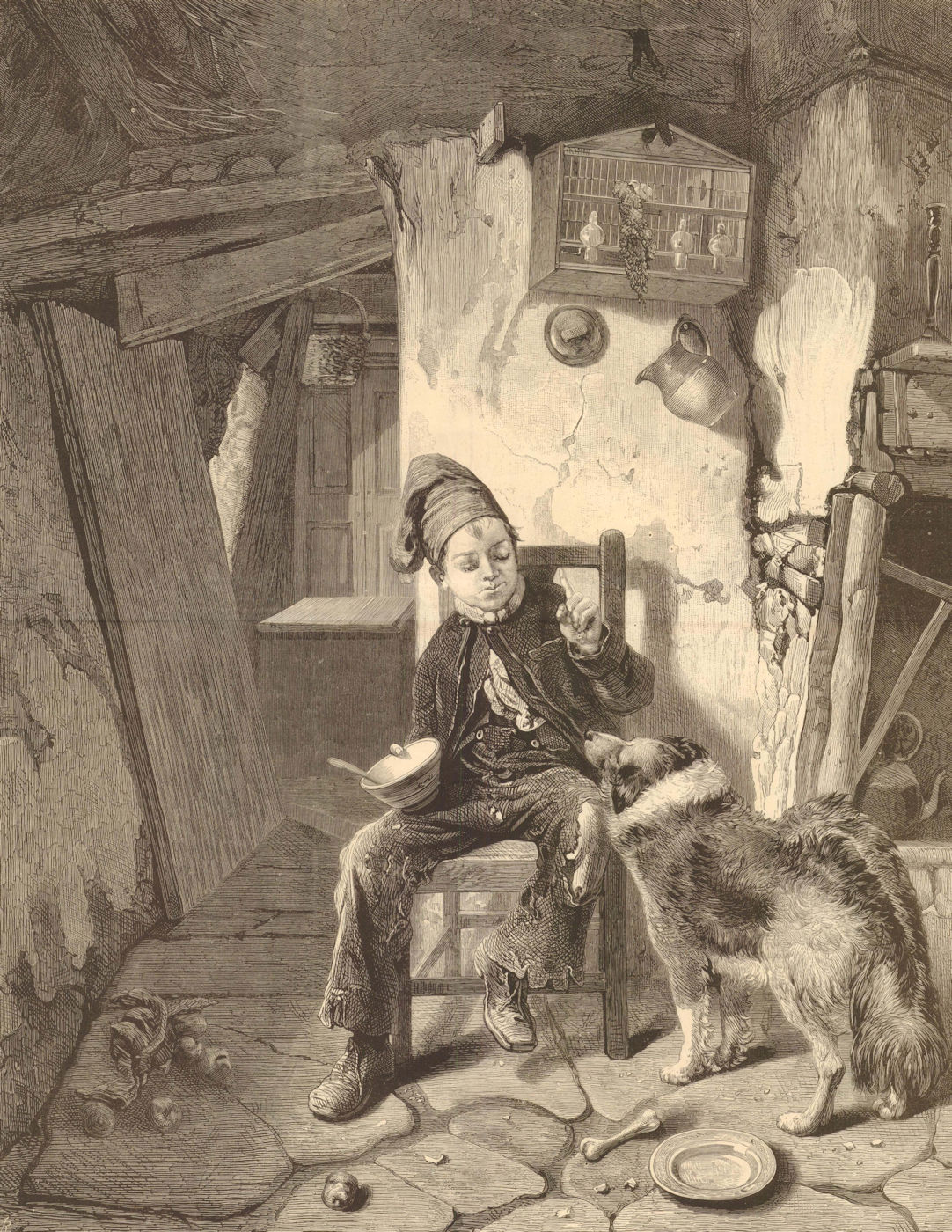 Associate Product Bide a Wee By W Fyfe. Child eating & dog 1873 antique ILN full page print