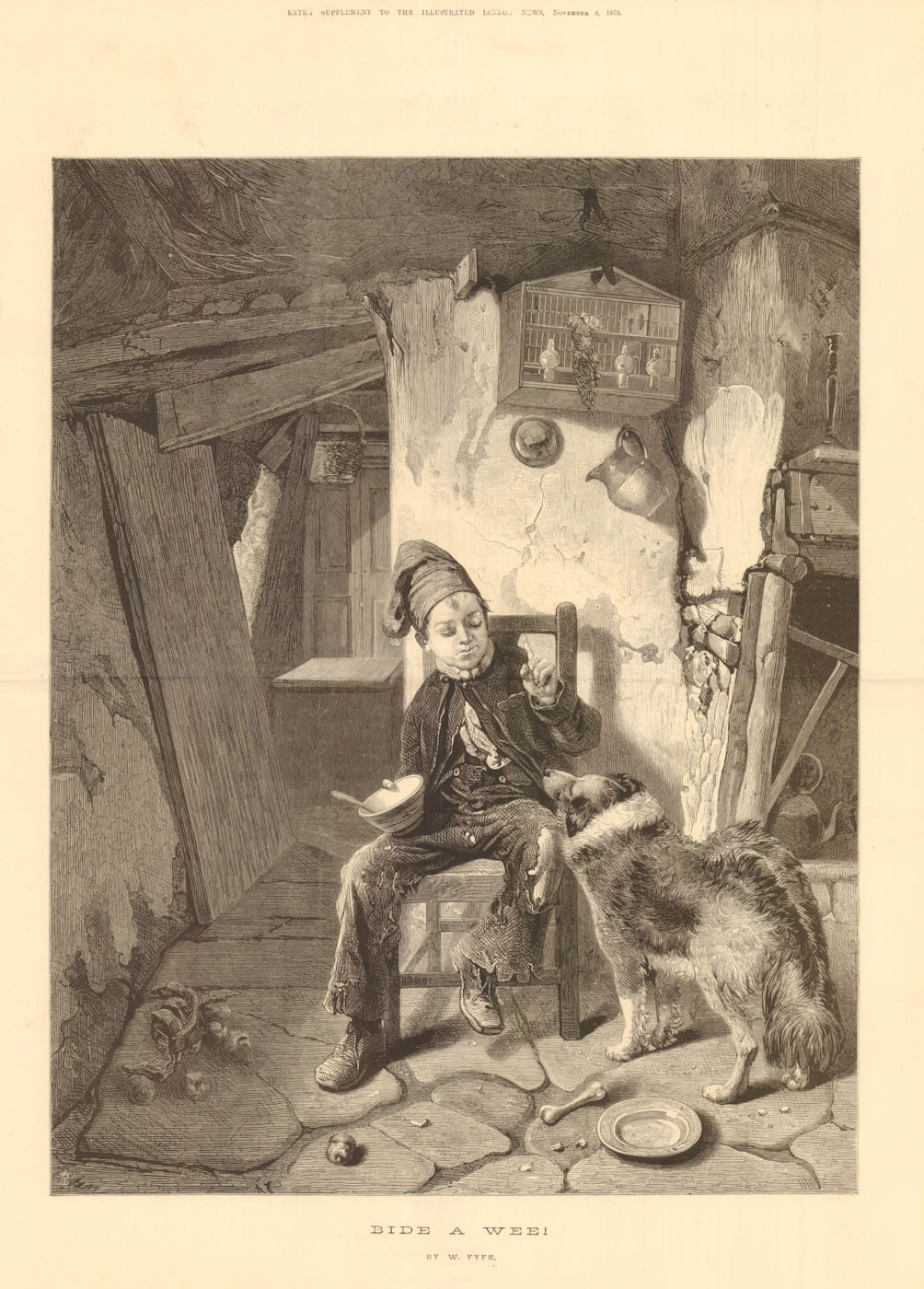 Bide a Wee By W Fyfe. Child eating & dog 1873 antique ILN full page print