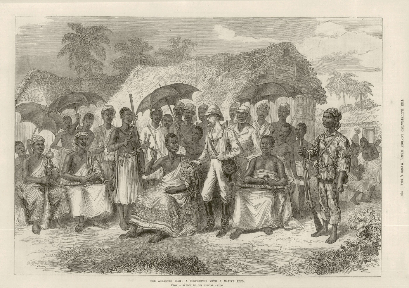 The Third Anglo-Ashanti War: A conference with a native king. Ghana 1874 print