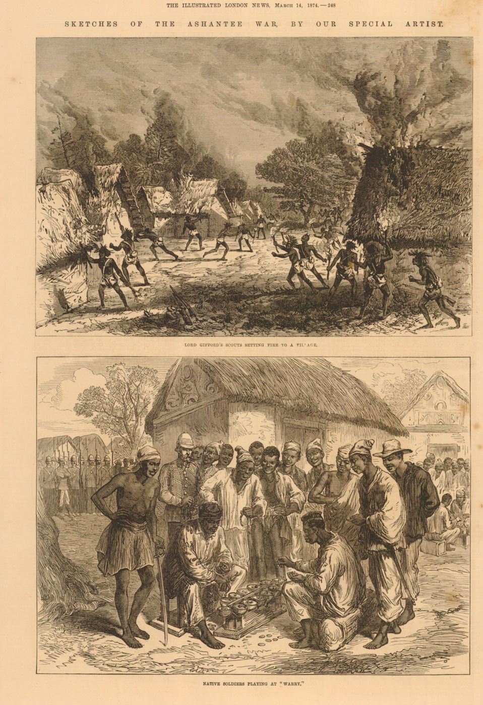 3rd Ashanti War. Lord Gifford's scouts burn village. Natives Warry. Ghana 1874