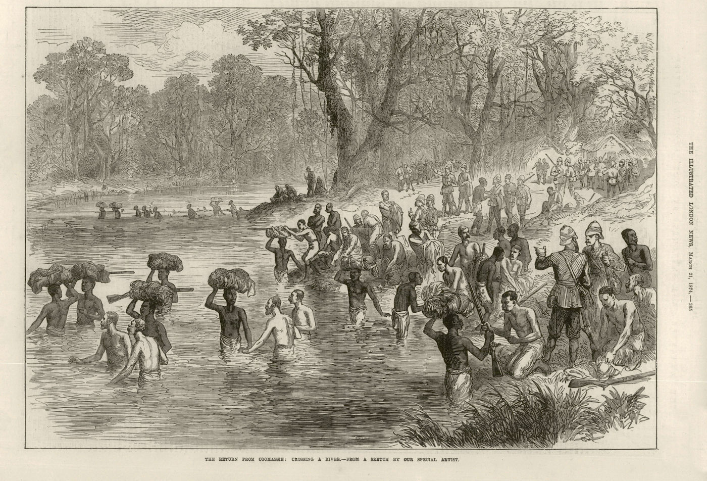 The Third Anglo-Ashanti War: Return from Kumasi: Crossing a river. Ghana 1874