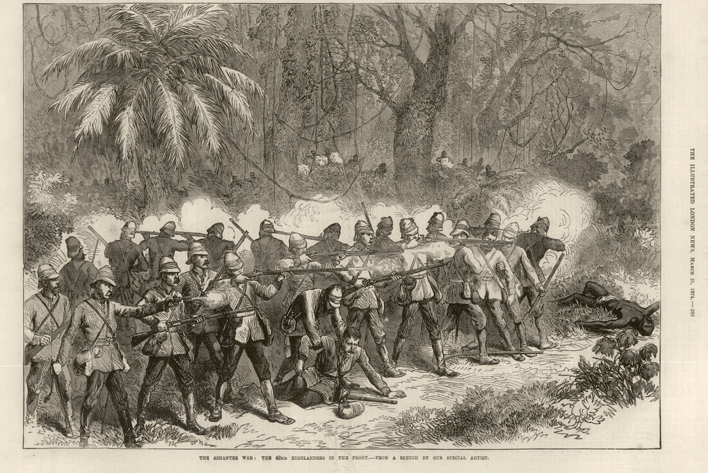 The Third Anglo-Ashanti War: The 42nd Highlanders in the front. Ghana 1874
