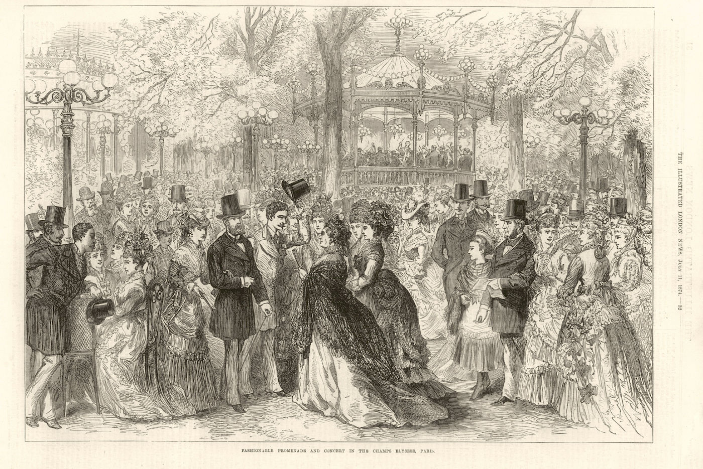Fashionable promenade & concert in the Champs Elysees, Paris. Bandstand 1874