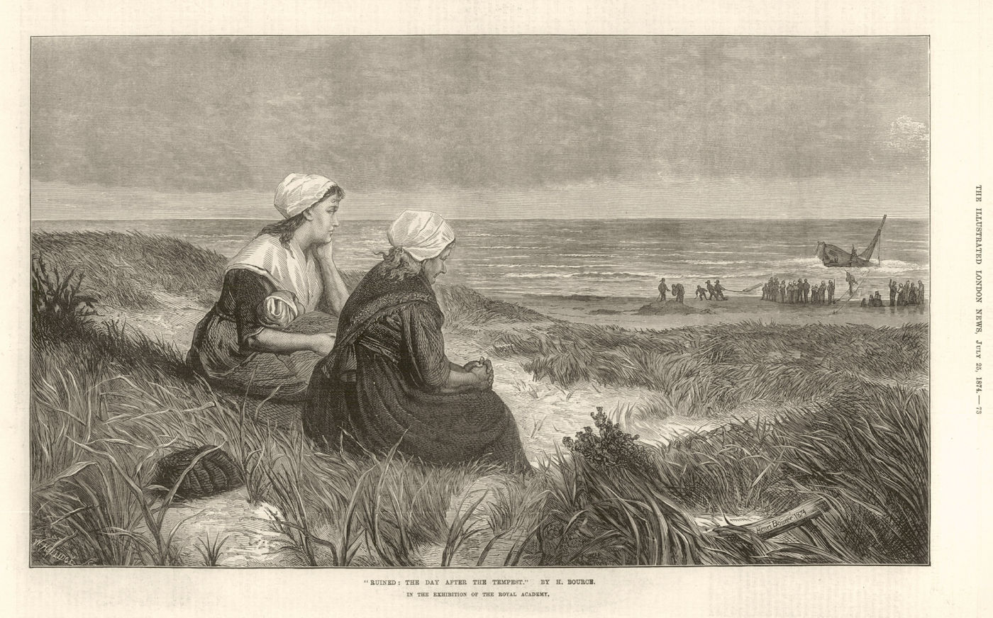 " Ruined: the day after the Tempest ", by H. Bourch. Fishermen shipwreck 1874
