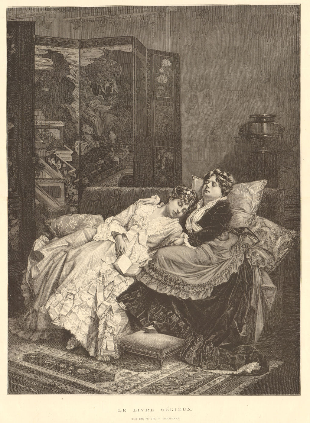Le livre serieux, by Toulmouche. Asleep reading book 1874 old antique print