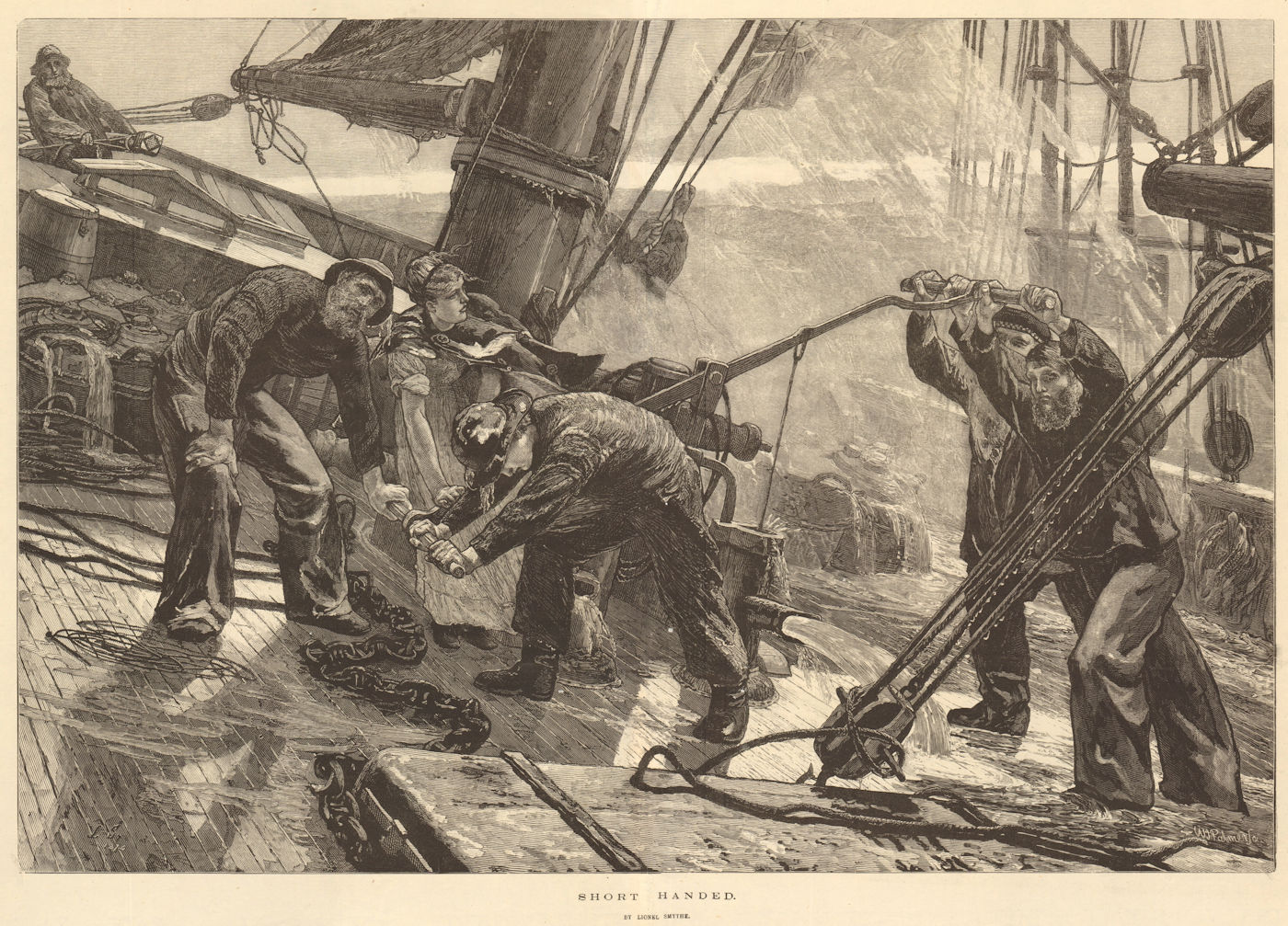 "Short handed", by Lionel Smythe. Ship in a storm 1874 old antique print