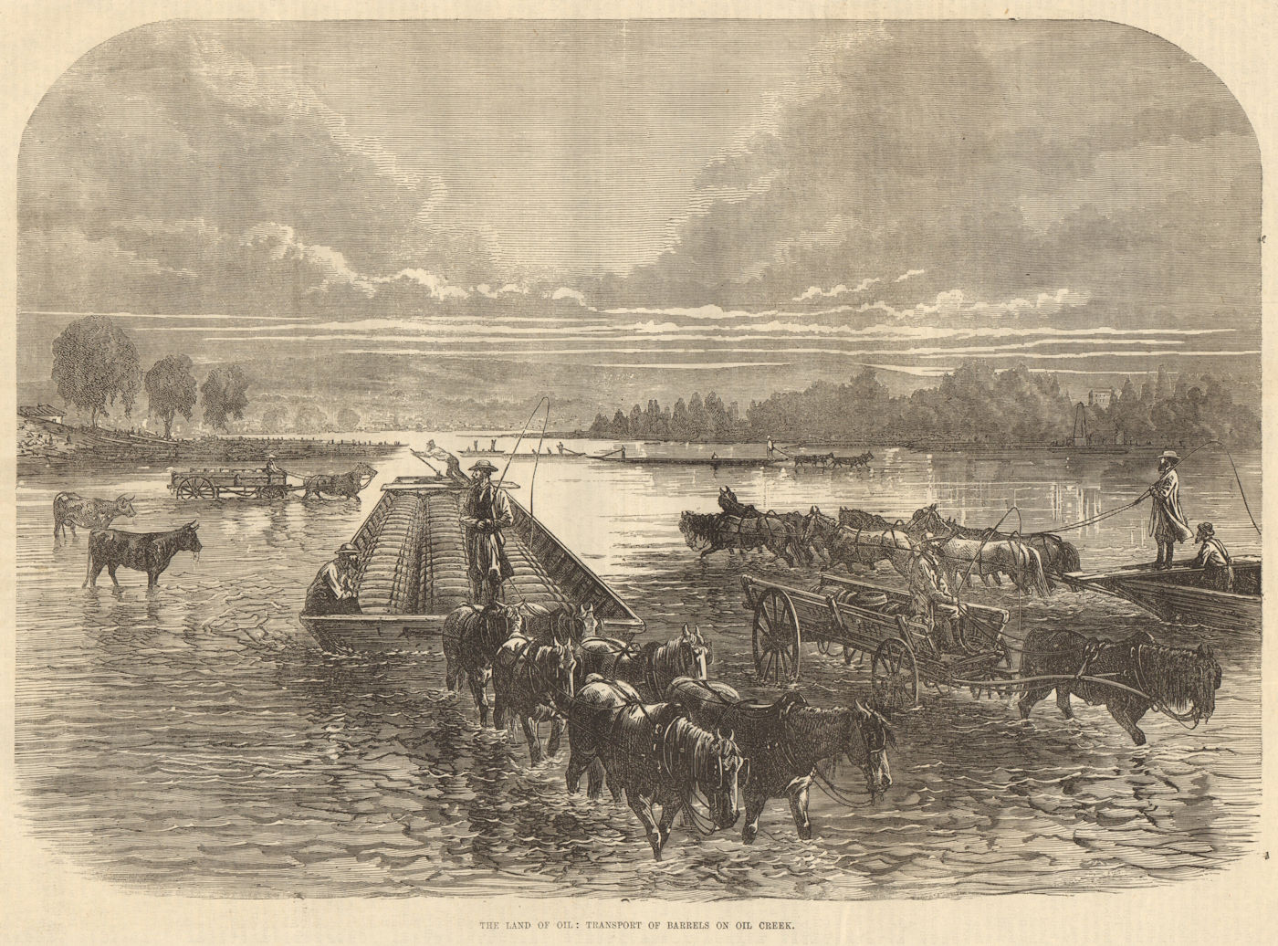 Associate Product The land of oil: transport of barrels on Oil Creek. Pennsylvania. Boats 1875