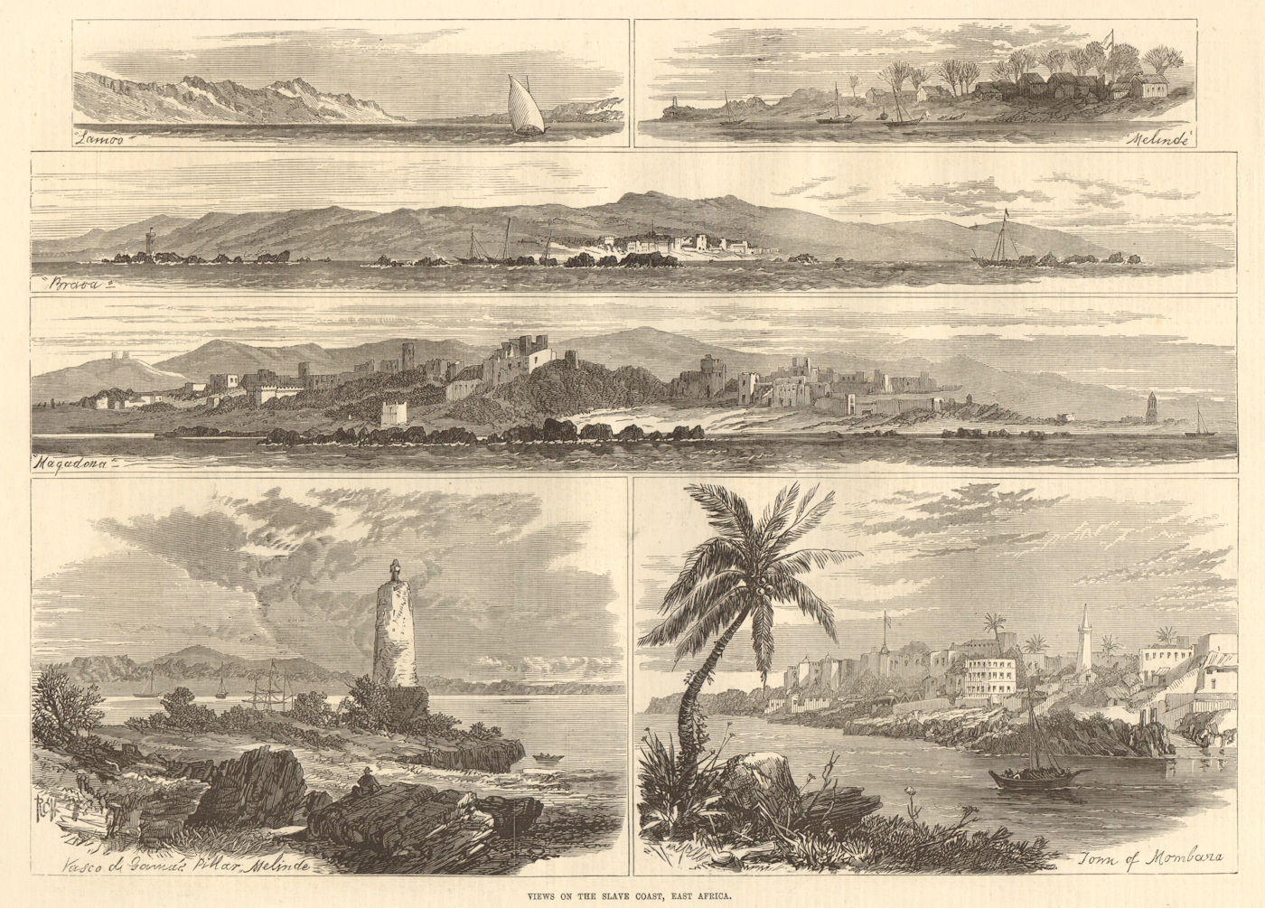 Associate Product Views on the Slave Coast, east Africa 1875 antique ILN full page print