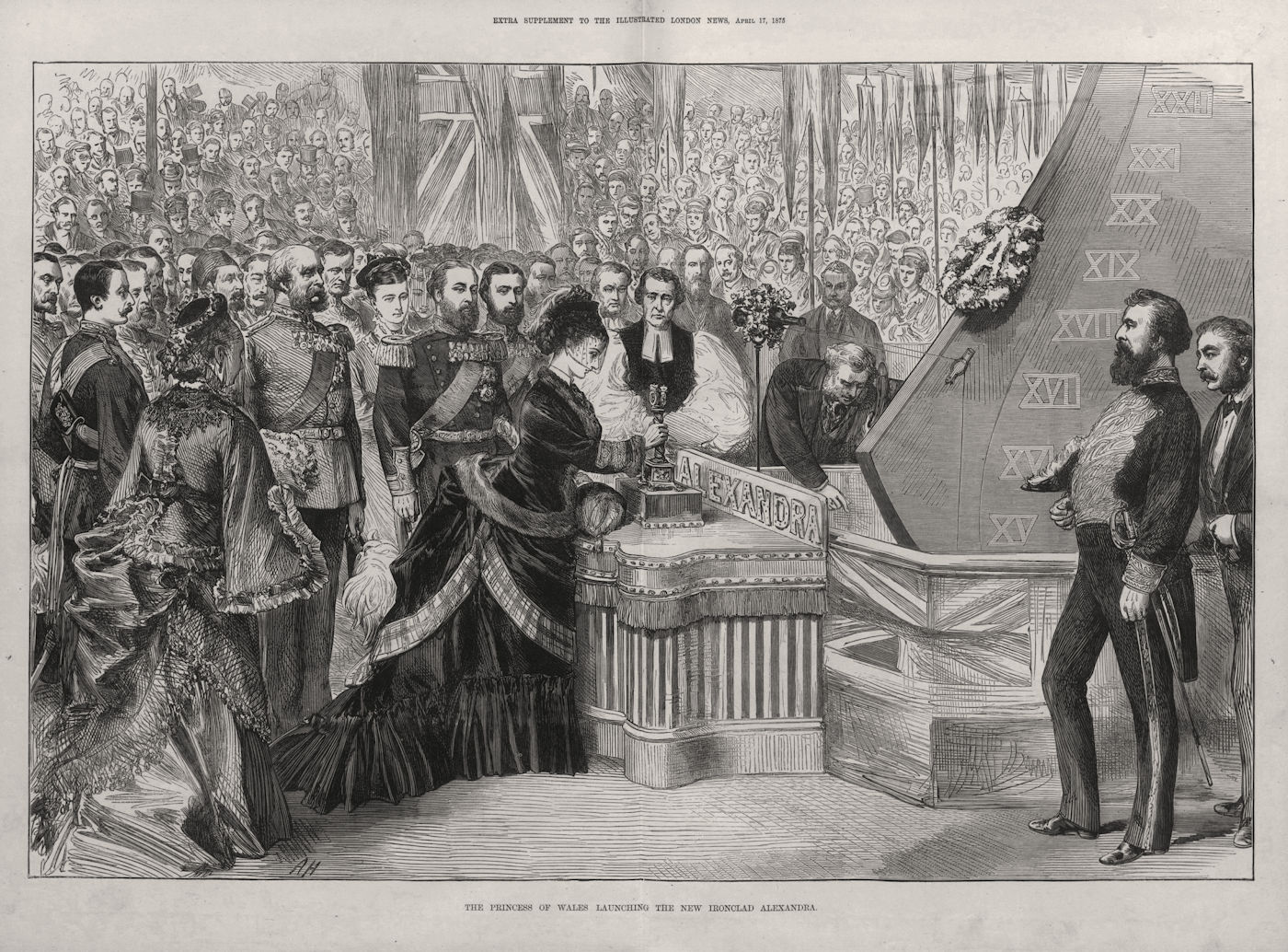 The Princess of Wales launching the new ironclad Alexandra. Chatham. Ships 1875