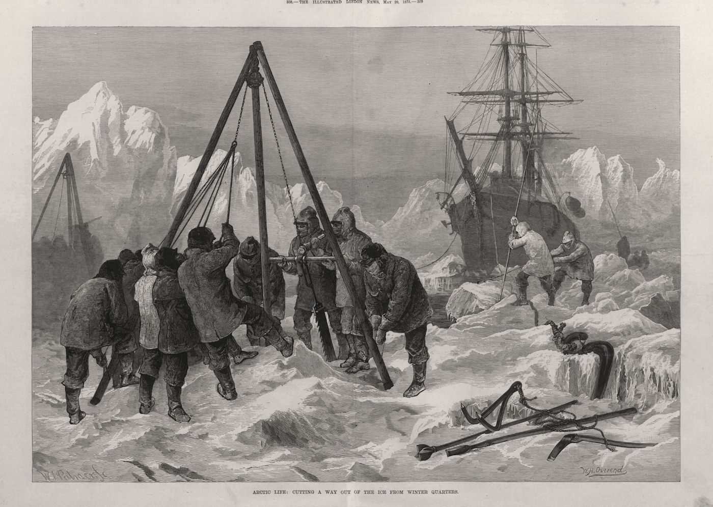 Arctic life: cutting a way out of the ice from winter quarters. Explorers 1875
