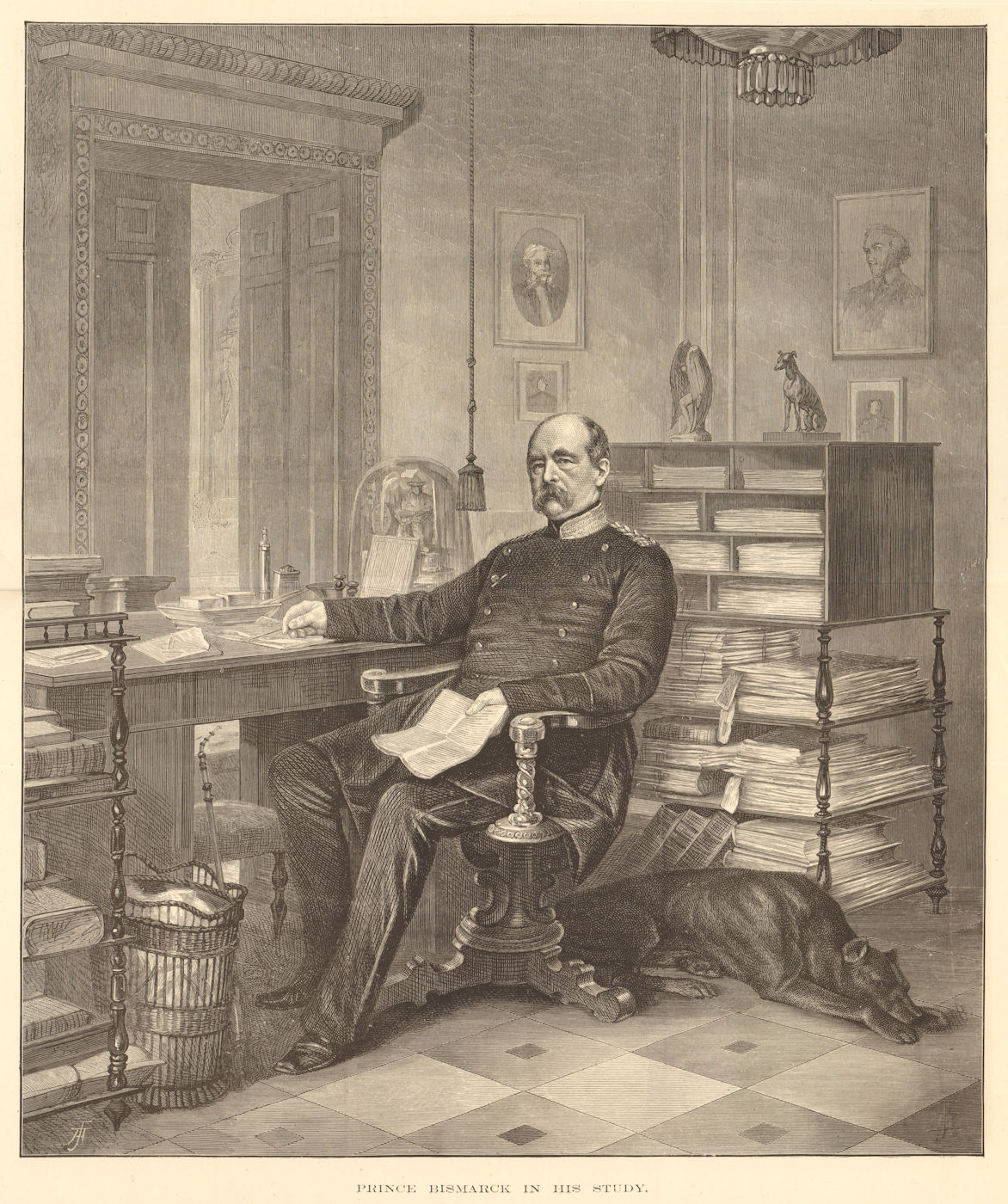Prince Bismarck in his study. Germany 1875 old antique vintage print picture