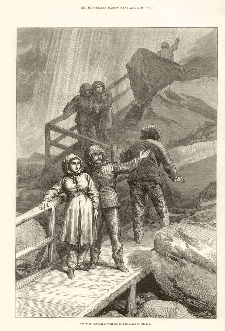 American Sketches: Visitors to the falls of Niagara. Raincoats 1875 old print