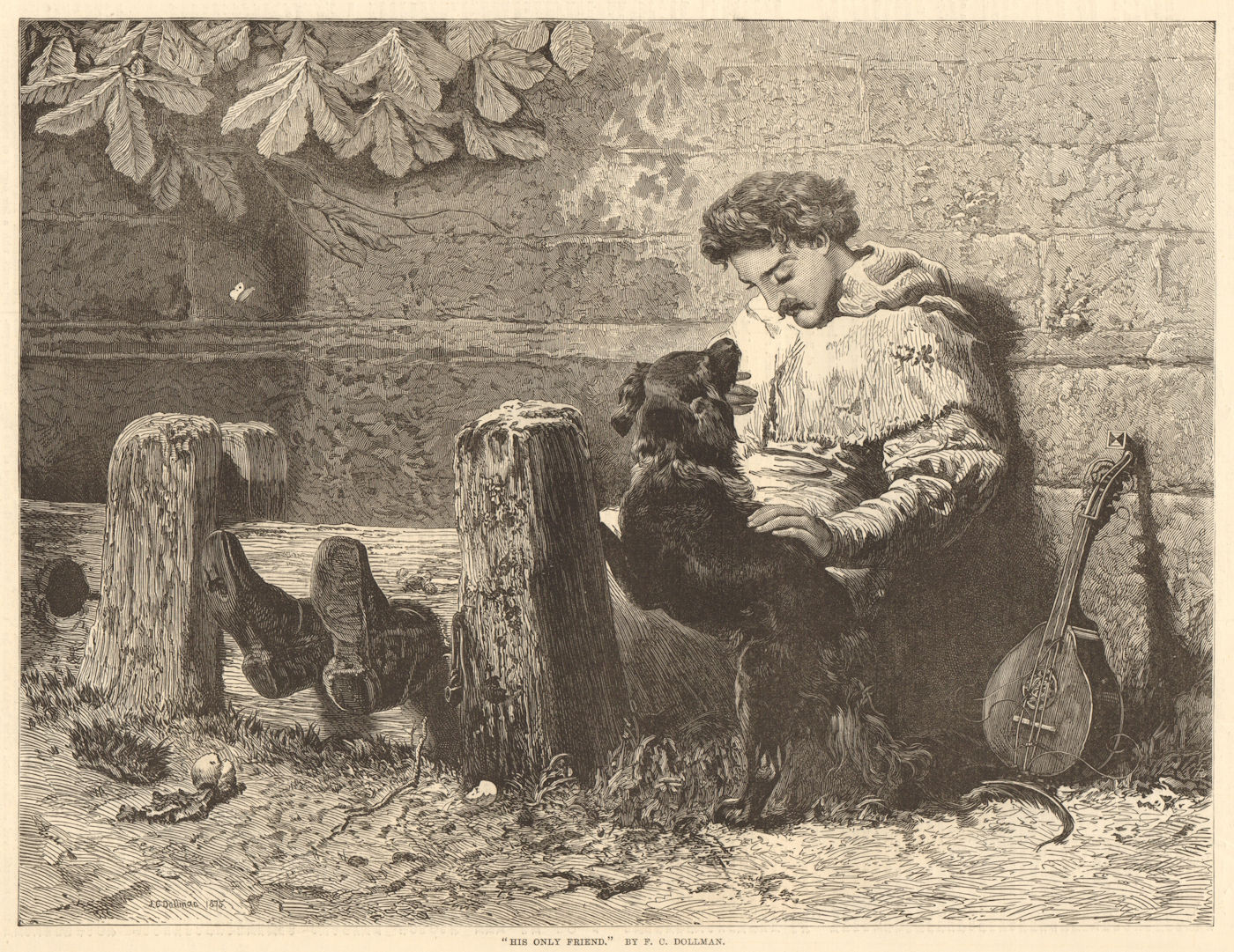 Associate Product " His only friend. ", by F. C. Dollman. Dogs. Criminal in stocks 1875
