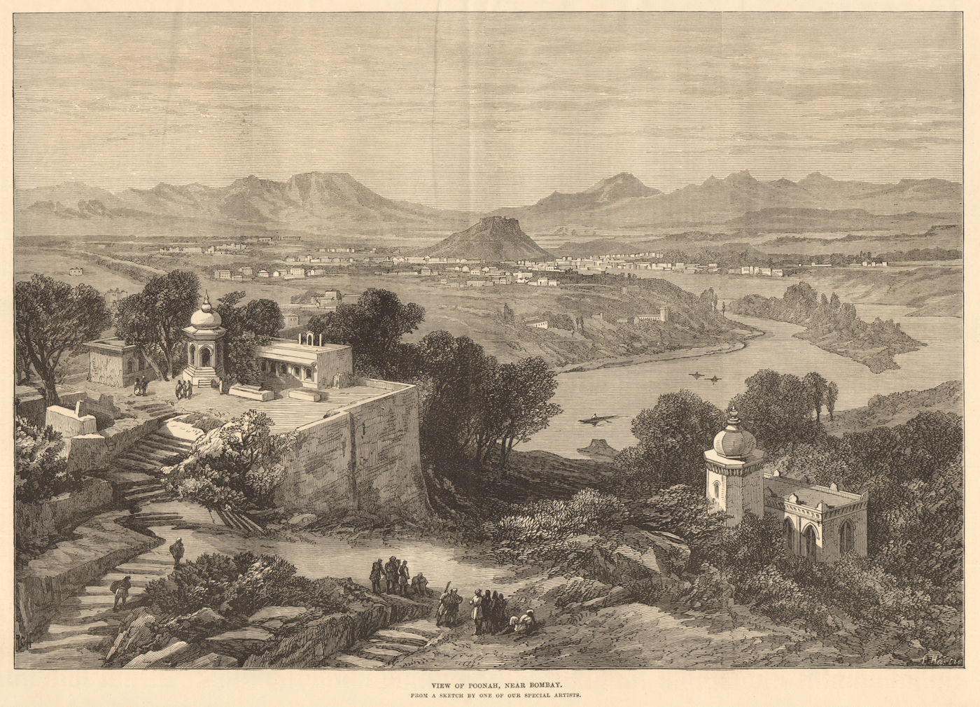 View of Pune, near Bombay (Mumbai) . India 1875 antique ILN full page print
